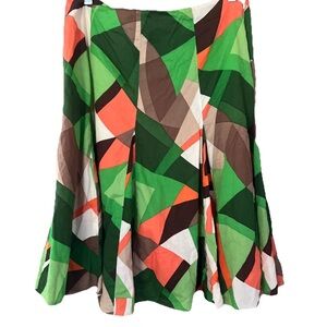 Cato Pleated A-Line Skirt Sz 14 Geometric Print Green Orange Brown Flowy Twirl